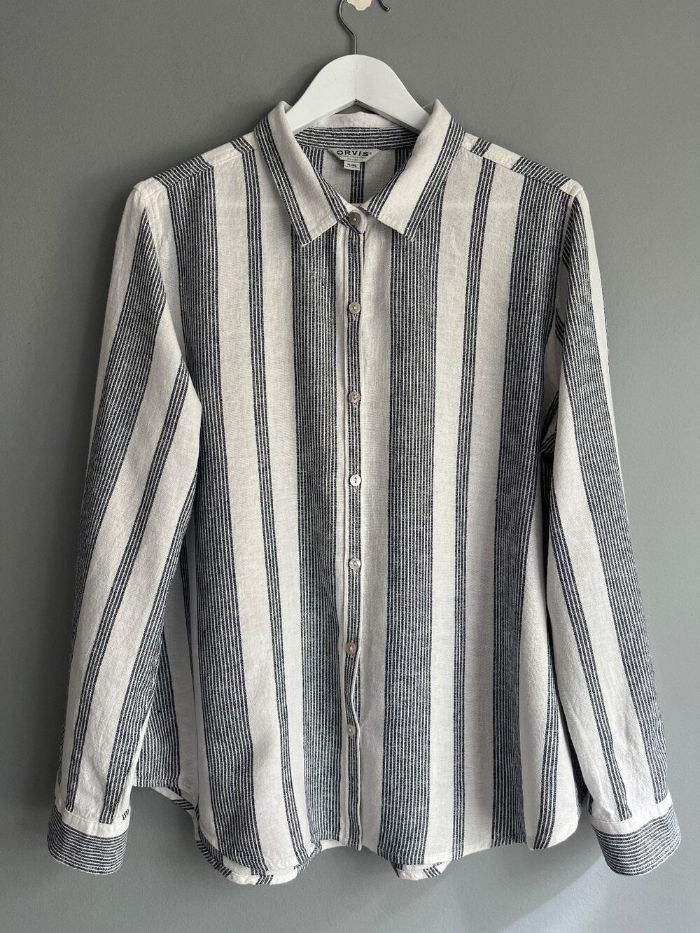 Orvis Women's Linen Blend Striped Shirt XL Navy White Coastal Fisherman Nautical